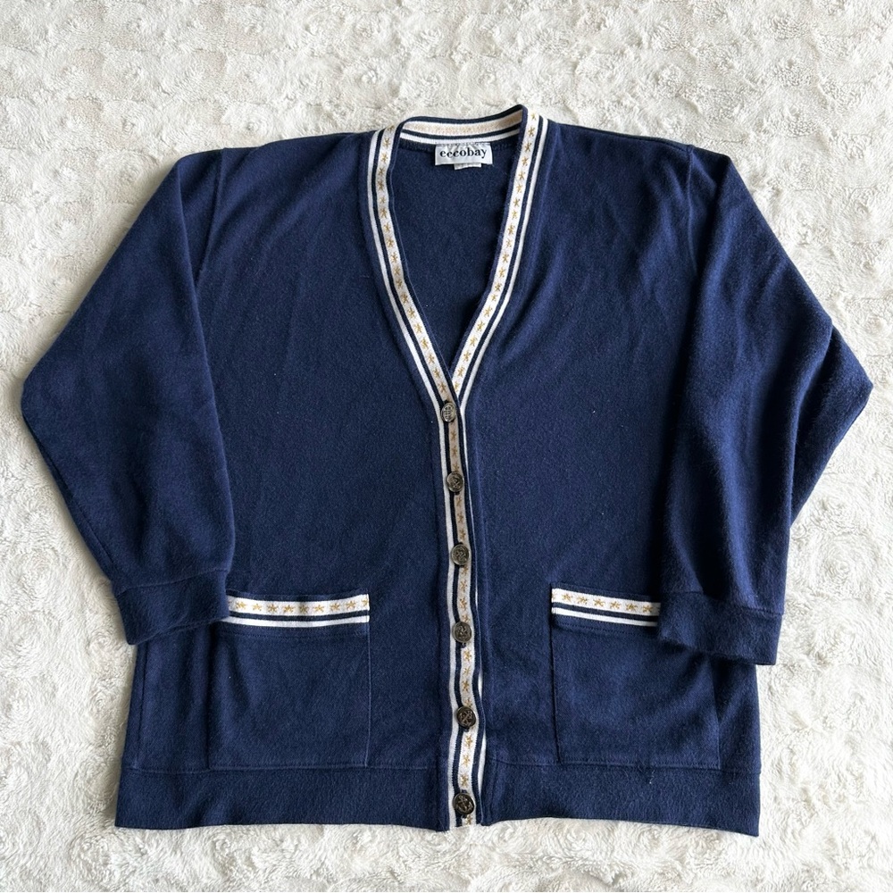 Vintage Eccobay Cardigan Sweater Womens Large Navy Star Anchor Nautical Retro